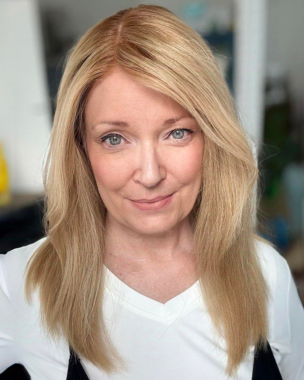 Lola | 16" Rooted Blonde Straight with Bangs Glueless Swiss Lace Closure Wig - WS014