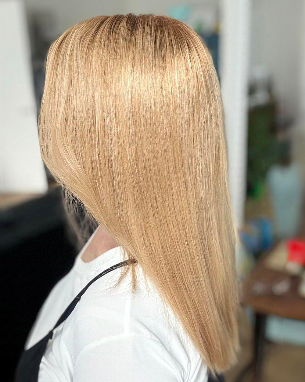Lola | 16" Rooted Blonde Straight with Bangs Glueless Swiss Lace Closure Wig - WS014