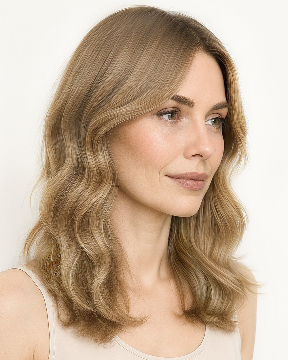 Taryn | 16" Sandy Beige Blonde Body wave with Bang Glueless Swiss Lace Closure Wig - WW042