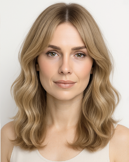 Taryn | 16" Sandy Beige Blonde Body wave with Bang Glueless Swiss Lace Closure Wig - WW042