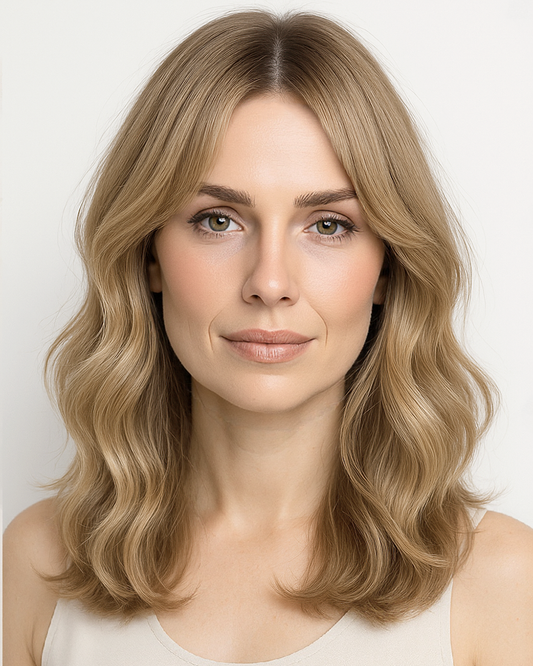 Taryn | 16" Sandy Beige Blonde Body wave with Bang Glueless Swiss Lace Closure Wig - WW042