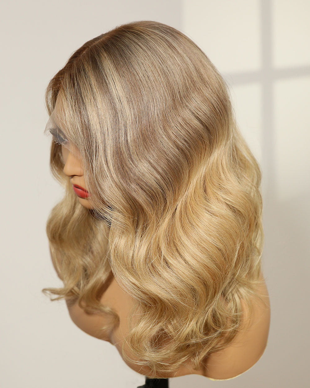 Clearance | 14 Inches Side Part Ash Blonde Balayage Wavy Human Hair Lace Front Wig - RTW-314