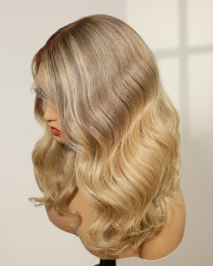 Clearance | 14 Inches Side Part Ash Blonde Balayage Wavy Human Hair Lace Front Wig - RTW-314