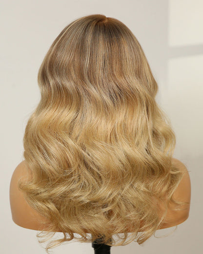 Clearance | 14 Inches Side Part Ash Blonde Balayage Wavy Human Hair Lace Front Wig - RTW-314
