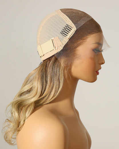 Clearance | 14 Inches Side Part Ash Blonde Balayage Wavy Human Hair Lace Front Wig - RTW-314