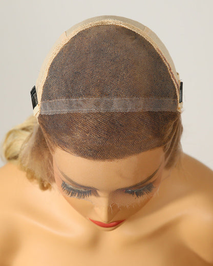 Clearance | 14 Inches Side Part Ash Blonde Balayage Wavy Human Hair Lace Front Wig - RTW-314