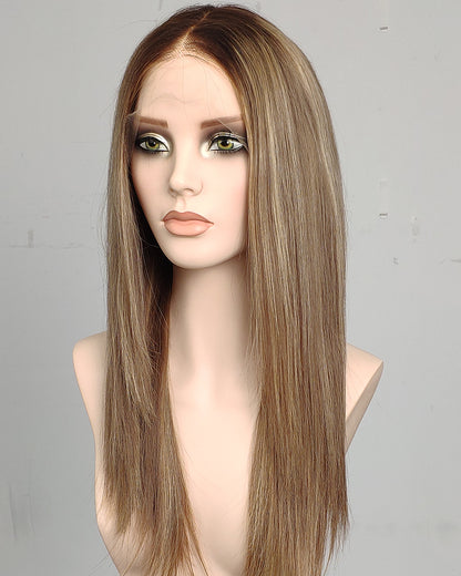 Ausverkauf | 22 Zoll Aschblond Lang Gewellt Echthaar Swiss Lace Closure Perücke - RT-2189