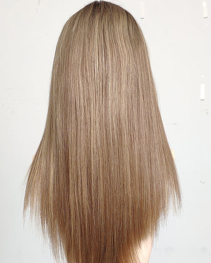 Ausverkauf | 22 Zoll Aschblond Lang Gewellt Echthaar Swiss Lace Closure Perücke - RT-2189