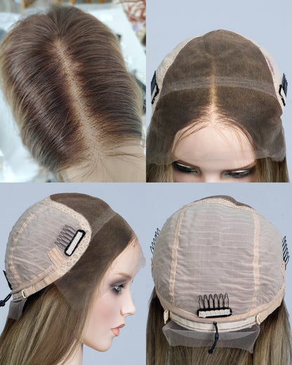 Ausverkauf | 22 Zoll Aschblond Lang Gewellt Echthaar Swiss Lace Closure Perücke - RT-2189