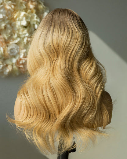 Tessa | 16" Honey Blonde Ombre Wavy Human Hair Swiss Lace Front Wig - WW013