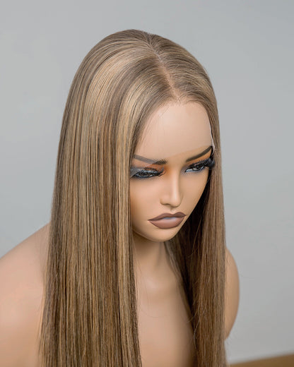 Aurora | 16" Blonde Highlights Straight Human Hair Swiss Lace Front Wig - WLS004
