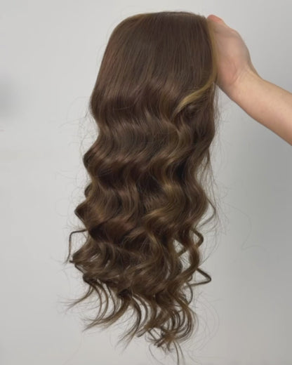 Rowan | 20" Ash Brown with Golden Highlights Soft Wavy Human Hair Swiss Lace Front Wig - WW055