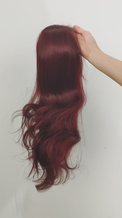 Liquidations | Perruque Lace Closure en cheveux naturels ondulés rouge bordeaux, 20 pouces, prête à porter - RTW-600