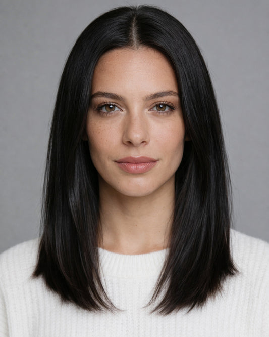 Ava | 16" Black Straight Human Hair Swiss Lace Front Wig - WLS001